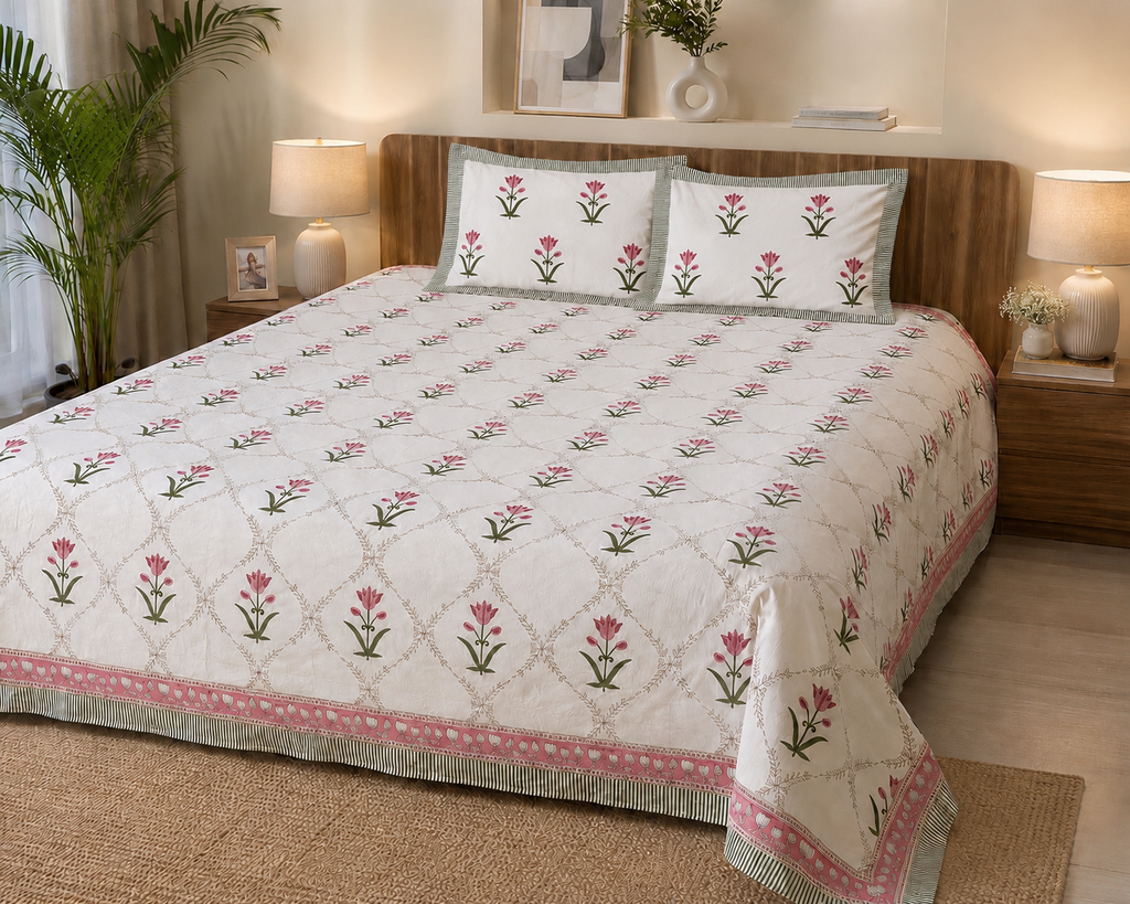 A bed dressed in a cream quilted coverlet with a pink and green floral trellis pattern, matching pillowcases, and a decorative pink and green border, styled in a warm, modern bedroom setting.