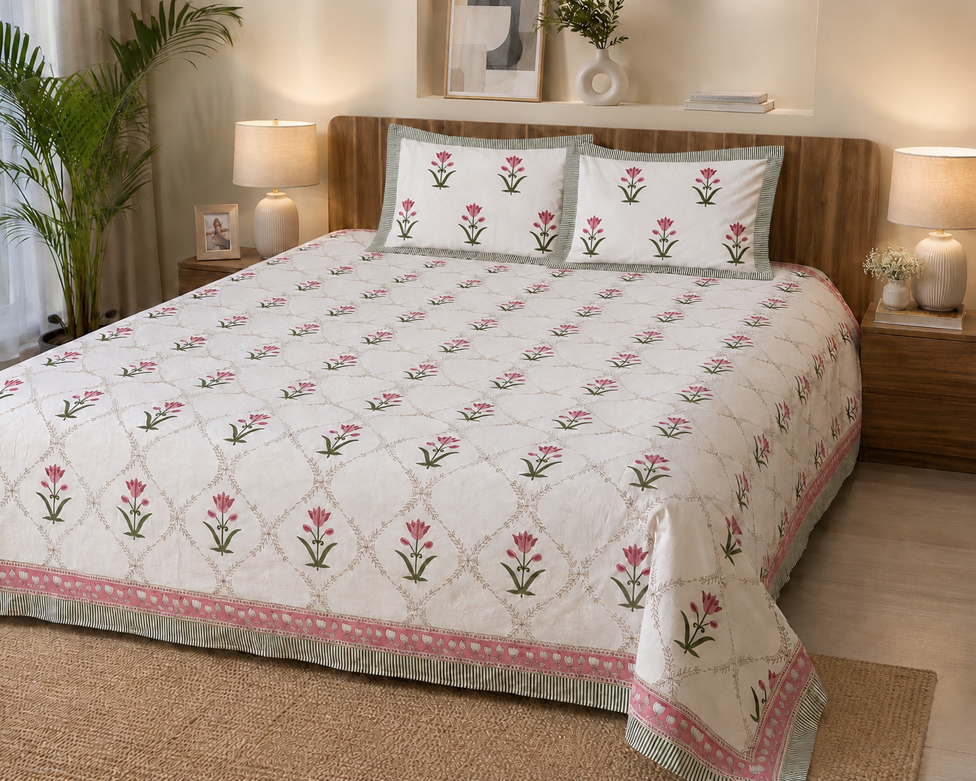 A bed dressed in a cream quilted coverlet with a pink and green floral trellis pattern, matching pillowcases, and a decorative pink and green border, styled in a warm, modern bedroom setting.