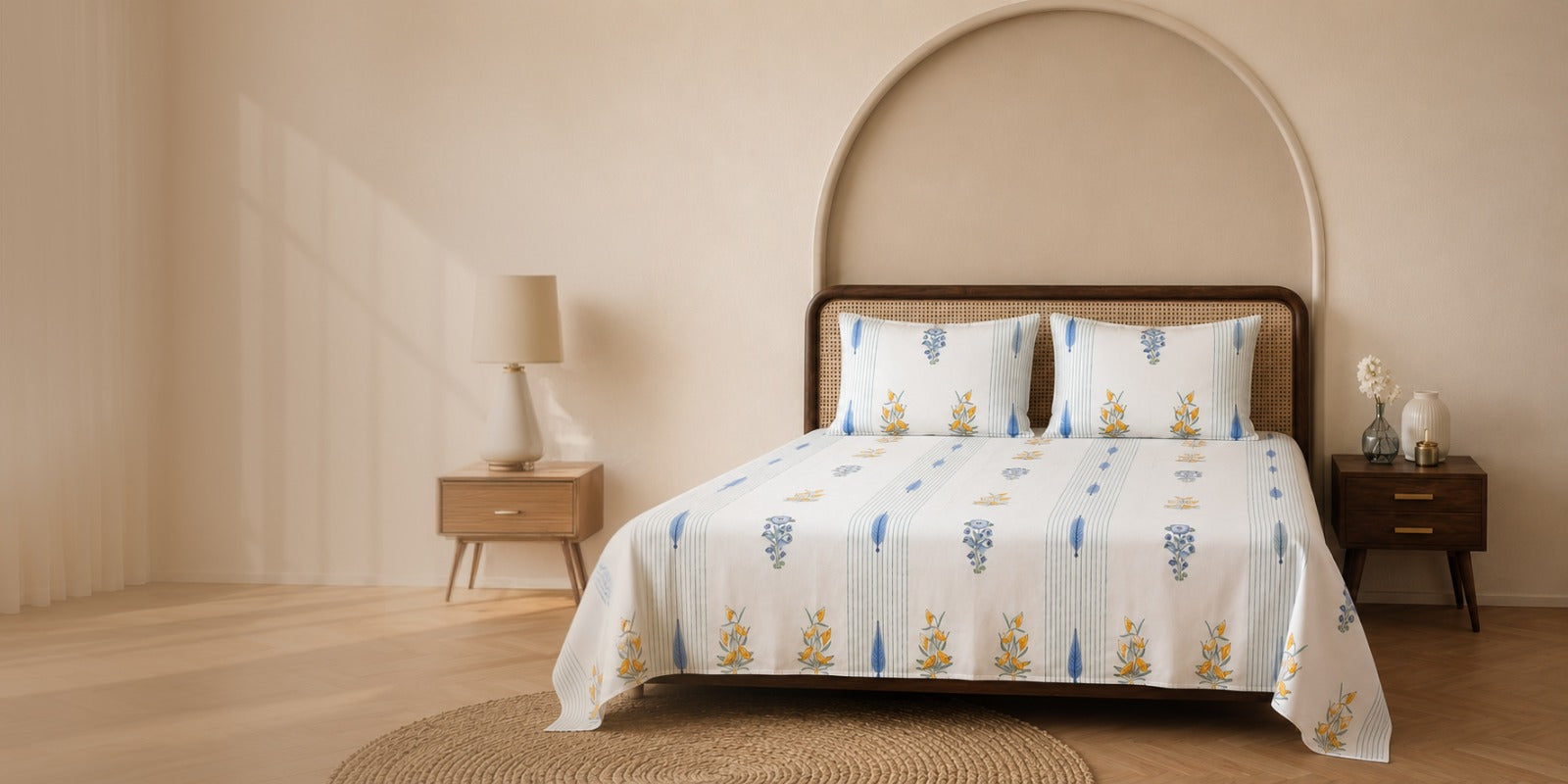 A neatly made bed in a warm, minimalist bedroom setting, featuring a white quilted cover and matching pillow shams with vertical blue stripes and gold floral motifs.