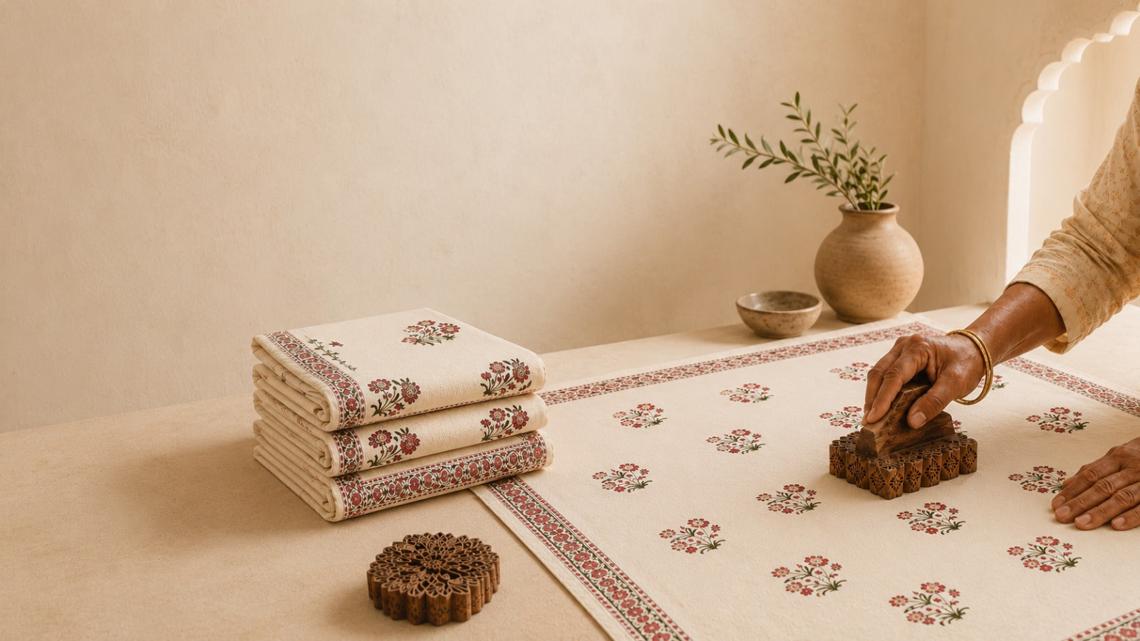 A person's hands are shown stamping a traditional floral pattern onto a cream-colored cotton fabric, with a stack of folded and stamped fabric pieces on a table against a warm beige background.