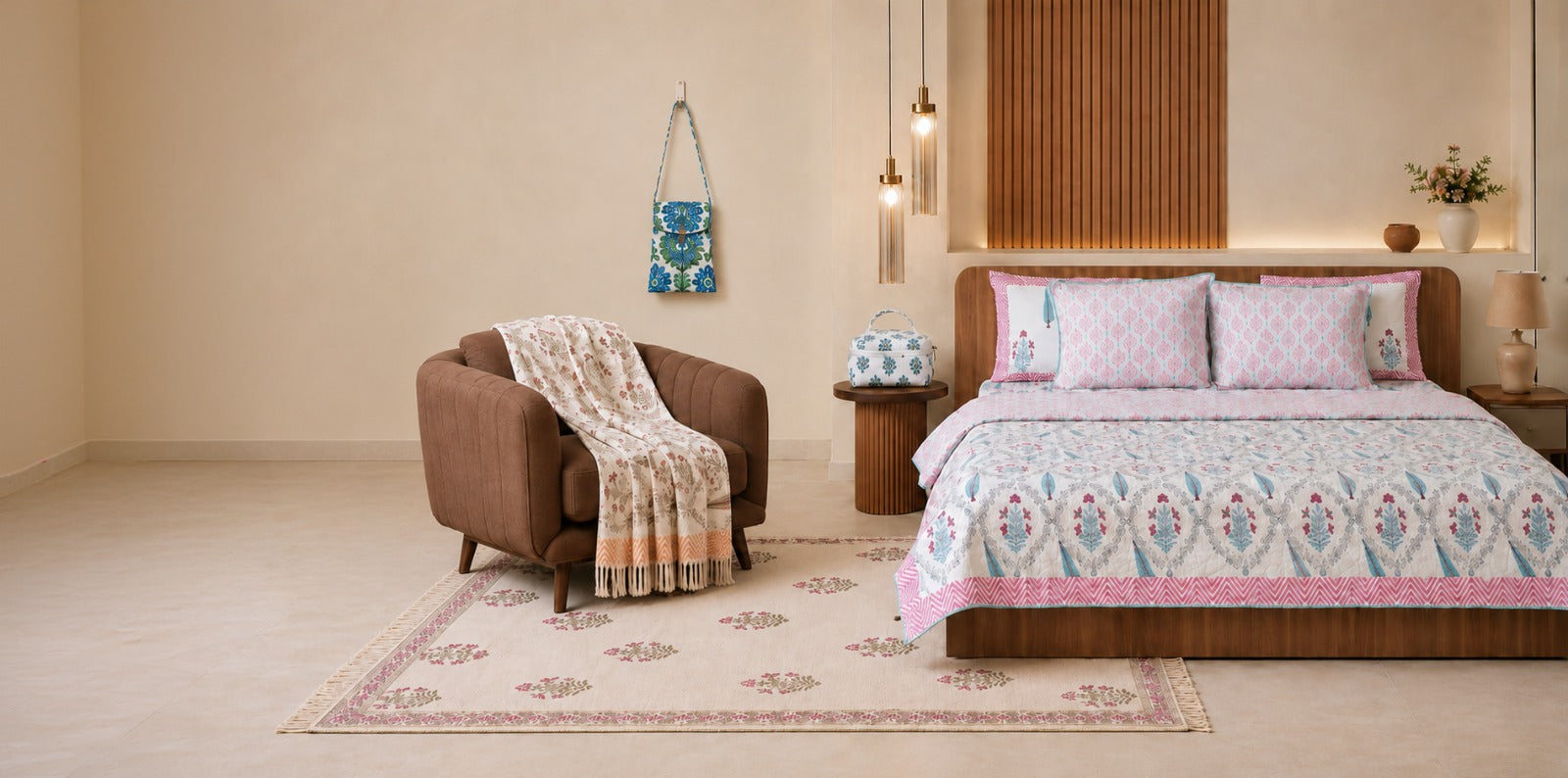 Premium bedding collection with cotton bedsheets, bedspreads, dohars, and jute throws by Mitisha Jaipur.
